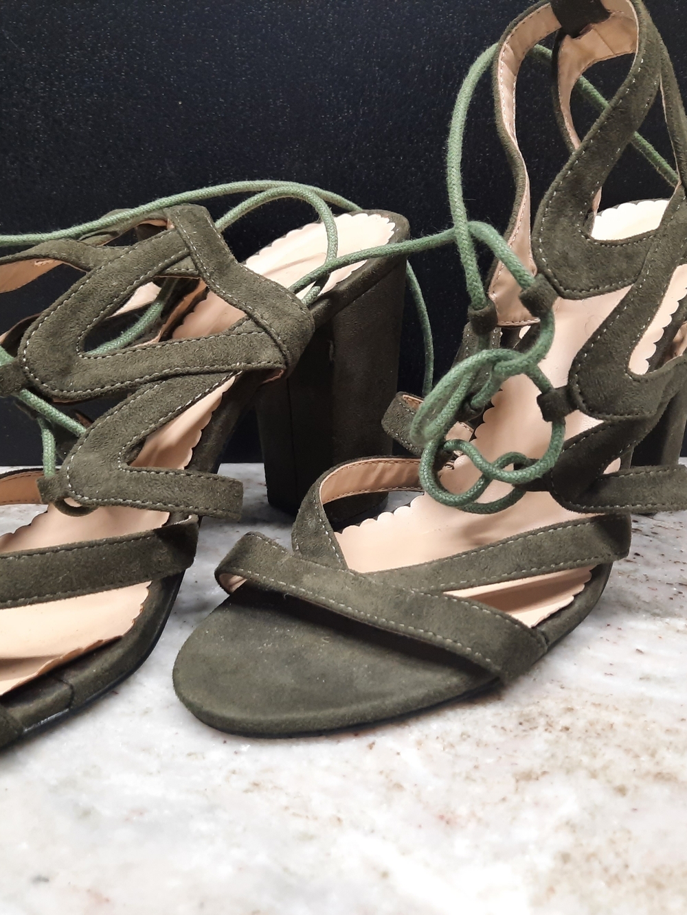 Lace-Up Olive Green Suede Block Heel Sandals